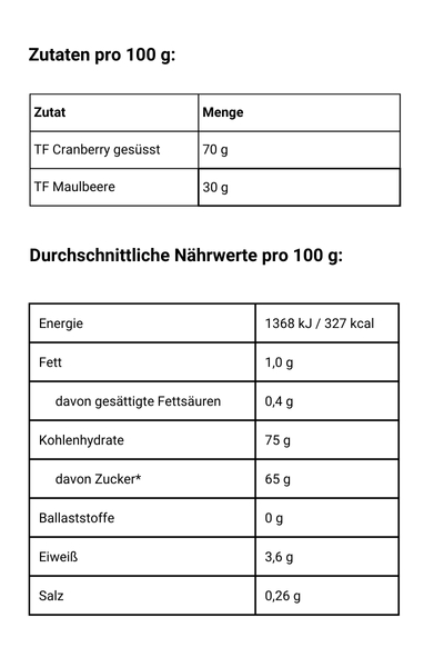 Cranberry Maulbeeren Vitalbeeren-Mix, Nährwerte